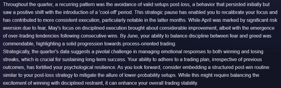 Example of a weekly trading psychology coach report from Kaizen